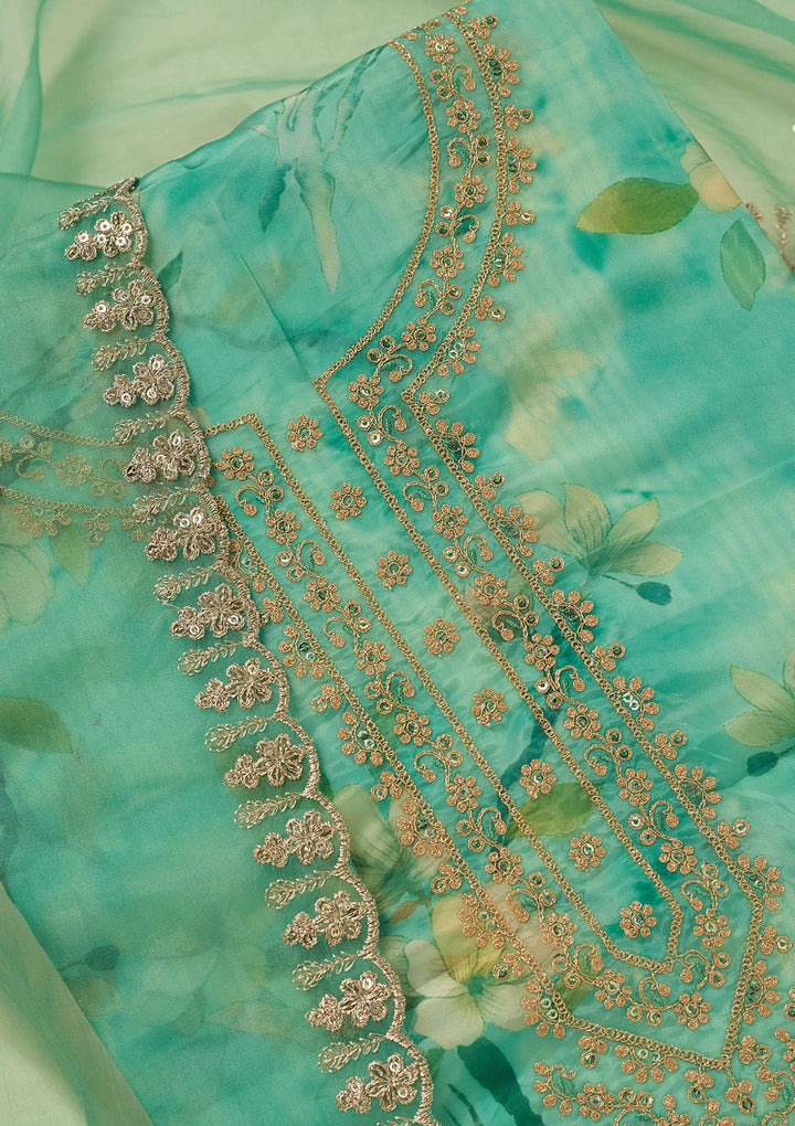 Leaf Green Zariwork (Gold) Organza Unstitched Salwar Suit_koskii