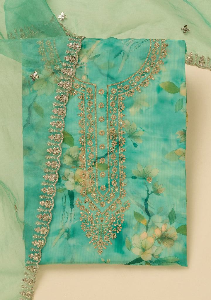 Leaf Green Zariwork (Gold) Organza Unstitched Salwar Suit_koskii