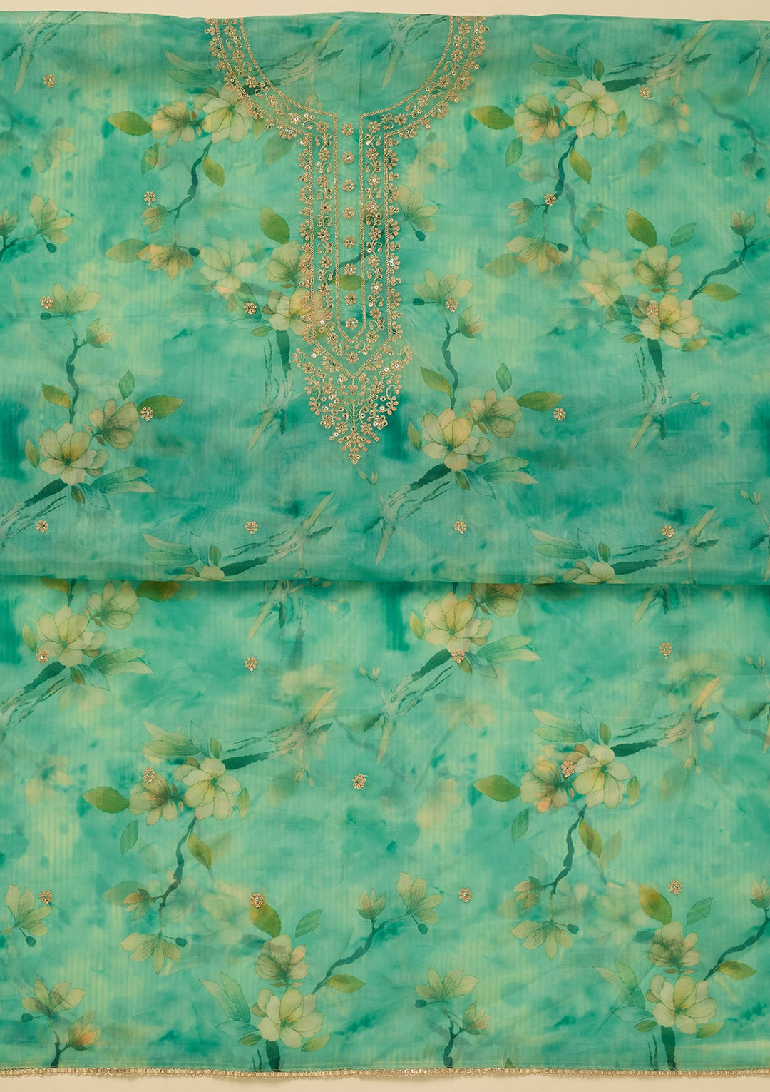 Leaf Green Zariwork (Gold) Organza Unstitched Salwar Suit_koskii