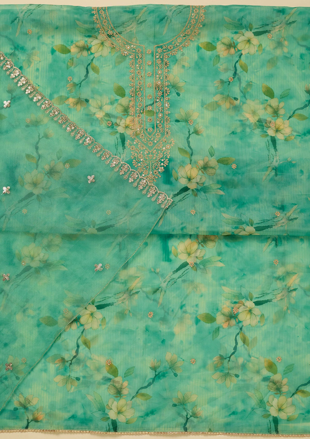 Leaf Green Zariwork (Gold) Organza Unstitched Salwar Suit_koskii