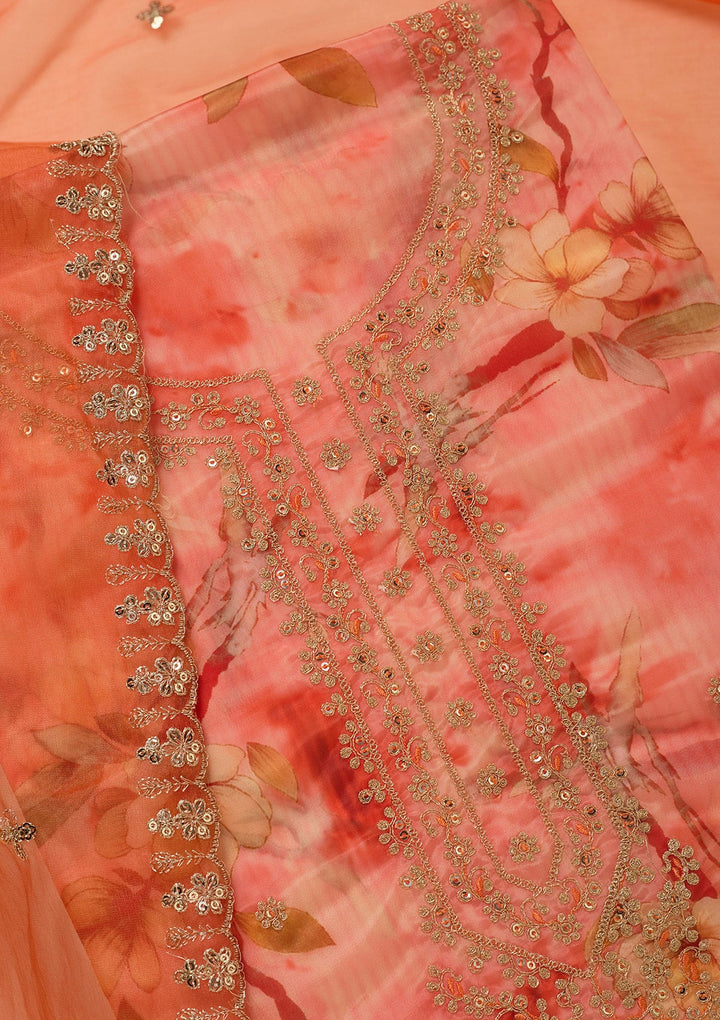 Peach Zariwork (Gold) Organza Unstitched Salwar Suit_koskii