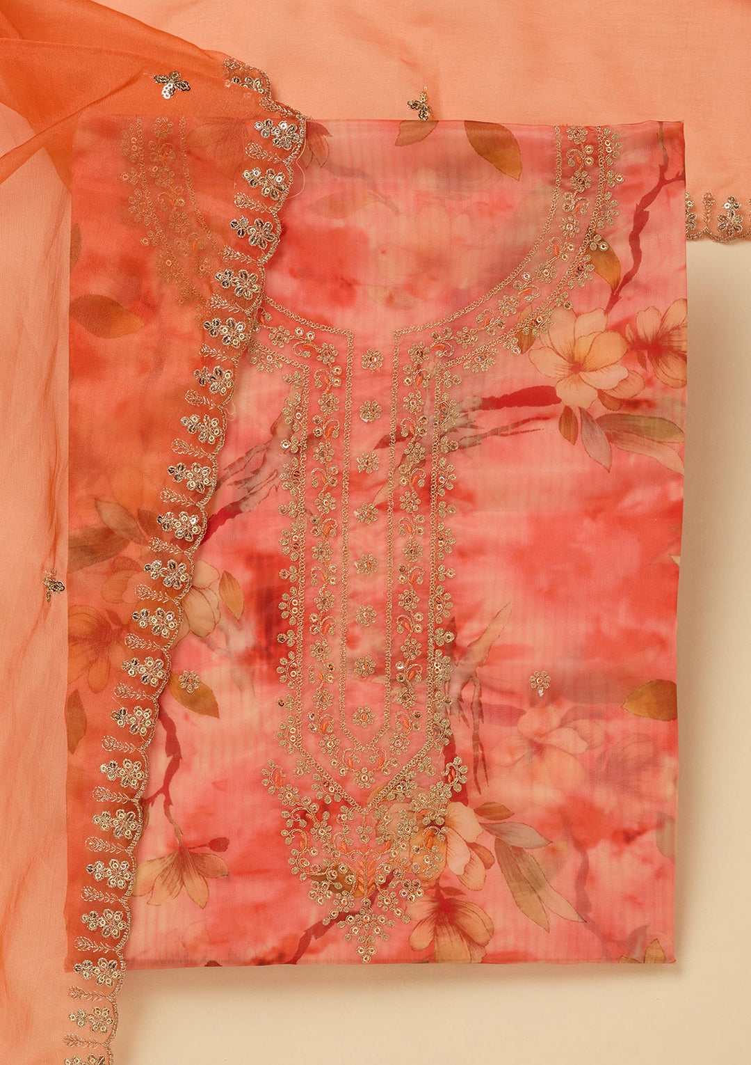 Peach Zariwork (Gold) Organza Unstitched Salwar Suit_koskii