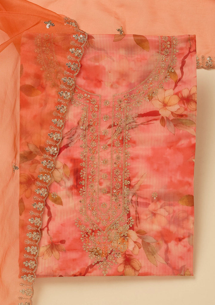 Peach Zariwork (Gold) Organza Unstitched Salwar Suit_koskii