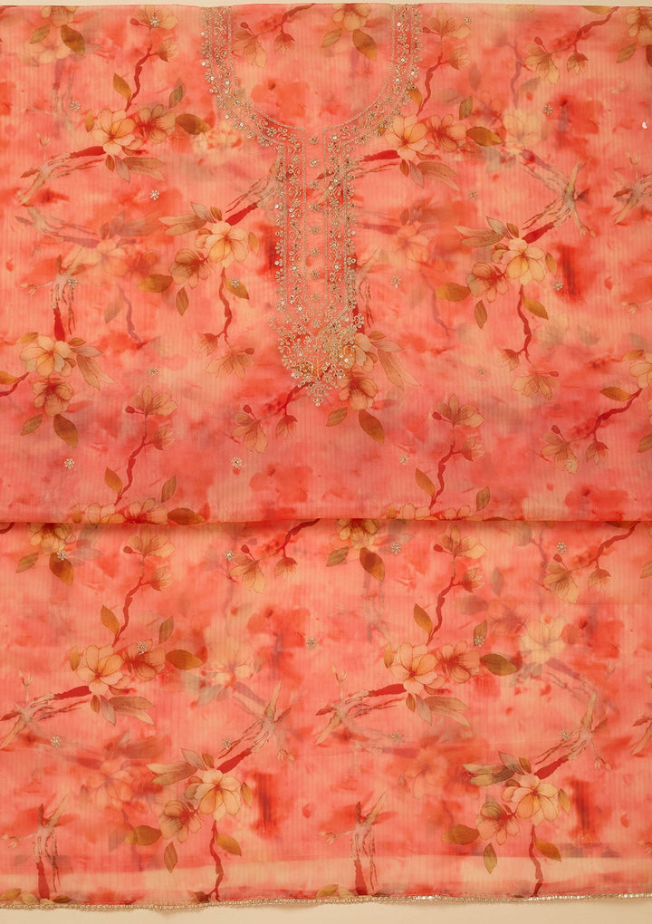 Peach Zariwork (Gold) Organza Unstitched Salwar Suit_koskii