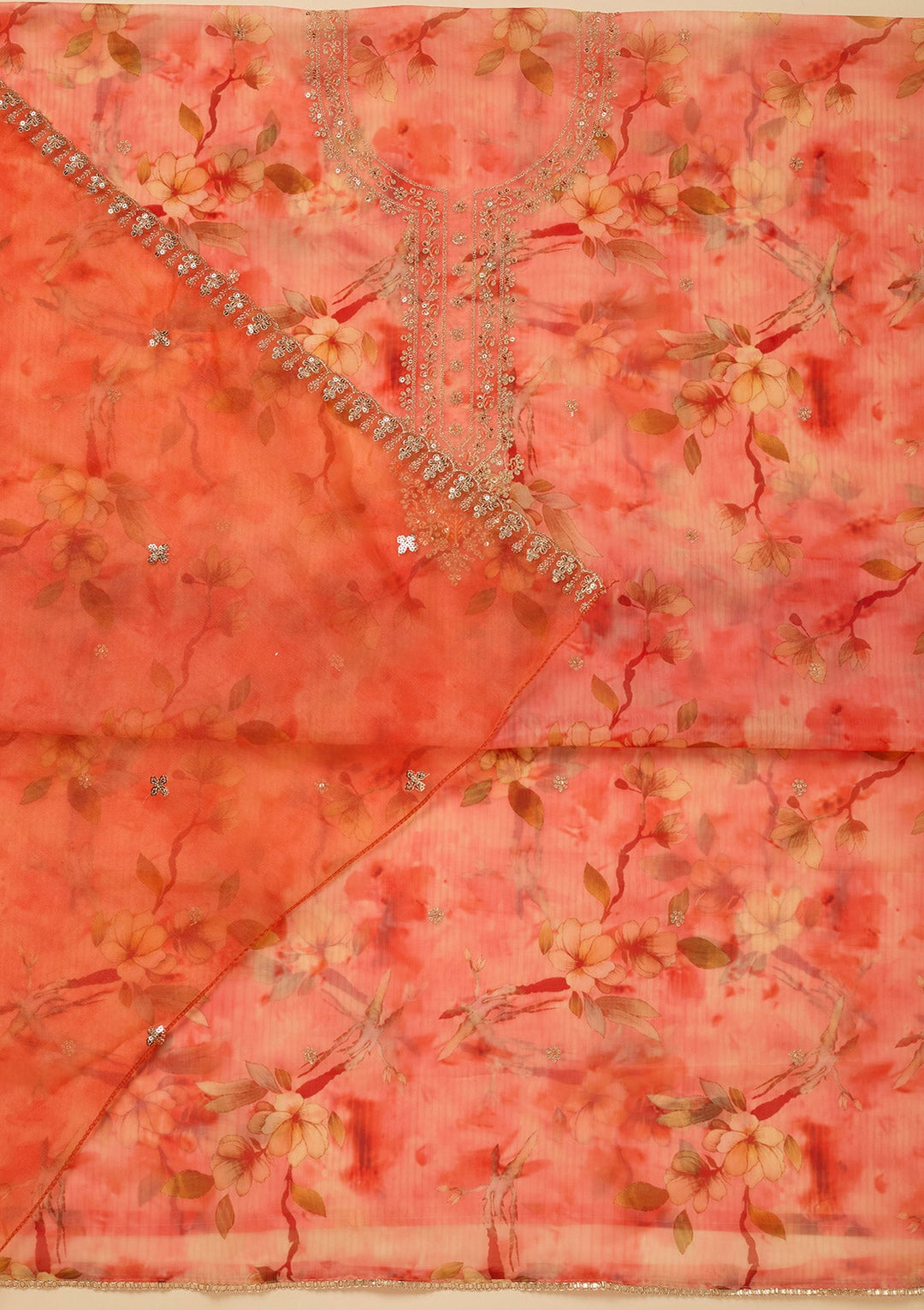 Peach Zariwork (Gold) Organza Unstitched Salwar Suit_koskii
