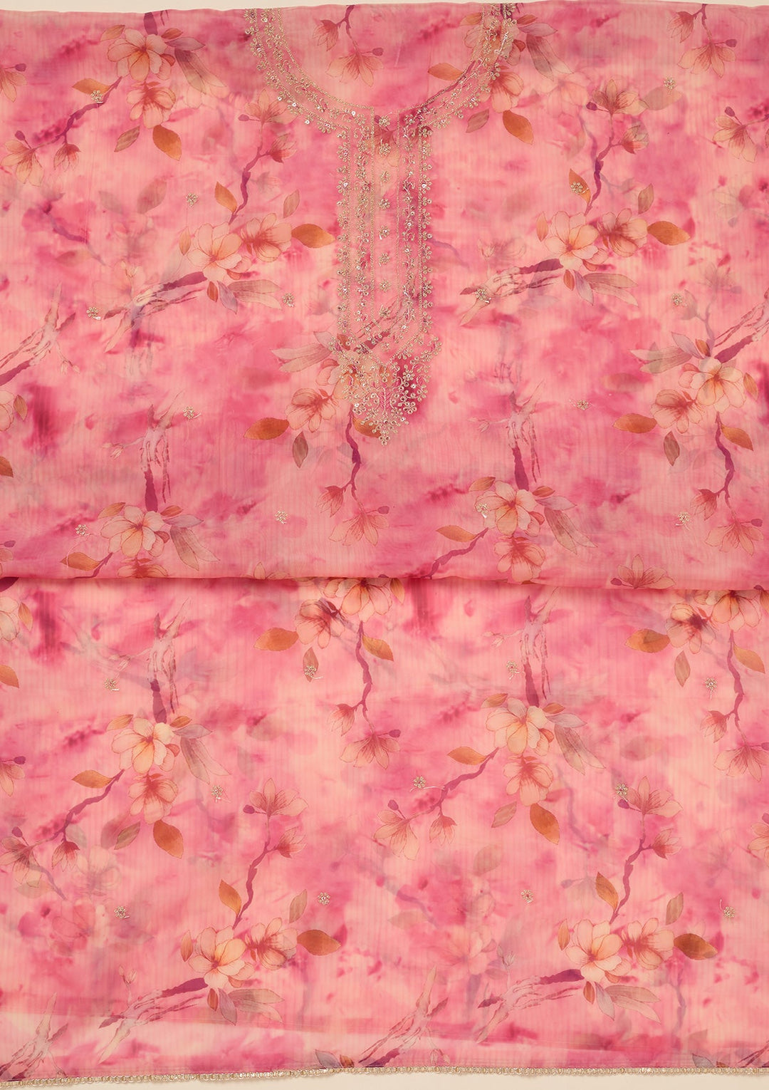 Pink Zariwork (Gold) Organza Unstitched Salwar Suit_koskii