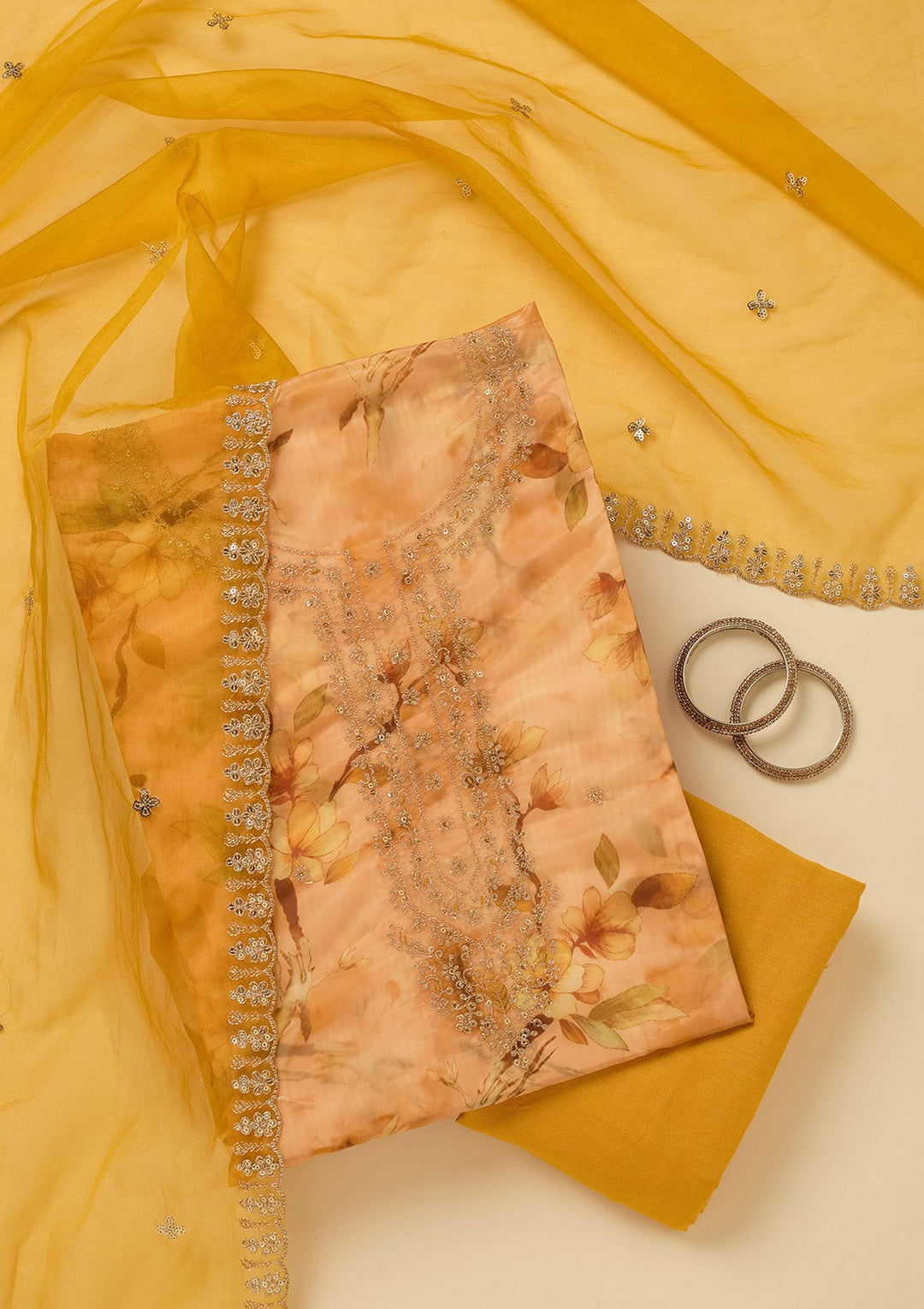 Yellow Zariwork (Gold) Organza Unstitched Salwar Suit_koskii