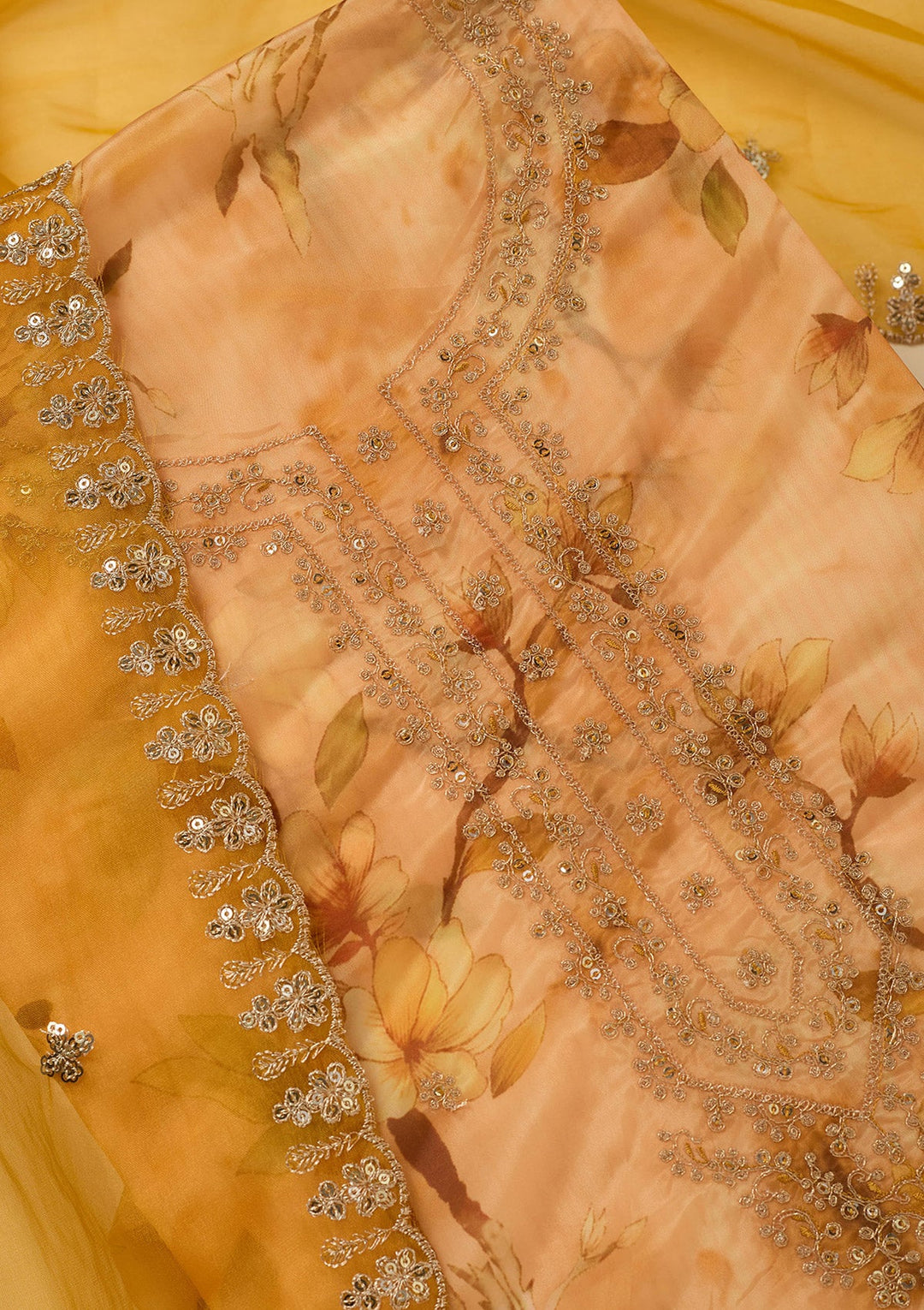 Yellow Zariwork (Gold) Organza Unstitched Salwar Suit_koskii