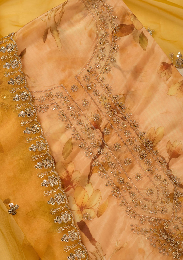 Yellow Zariwork (Gold) Organza Unstitched Salwar Suit_koskii