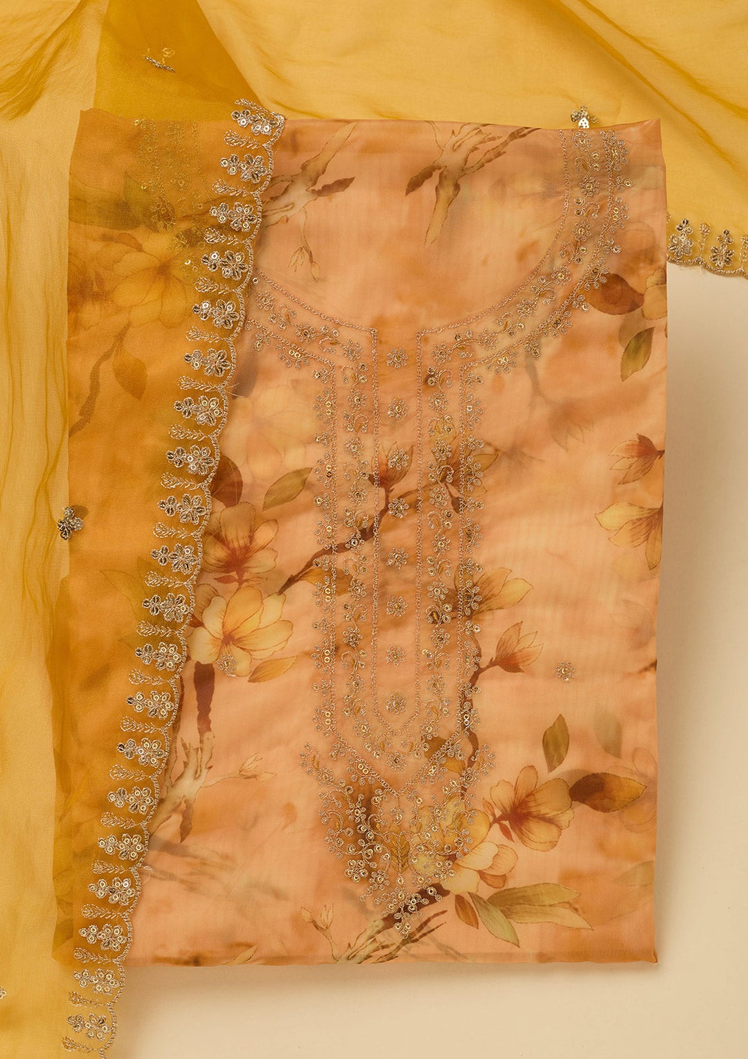 Yellow Zariwork (Gold) Organza Unstitched Salwar Suit_koskii