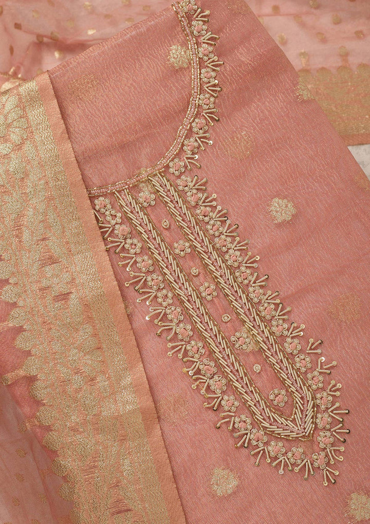 Peach Pearlwork Tissue Unstitched Salwar Suit_koskii