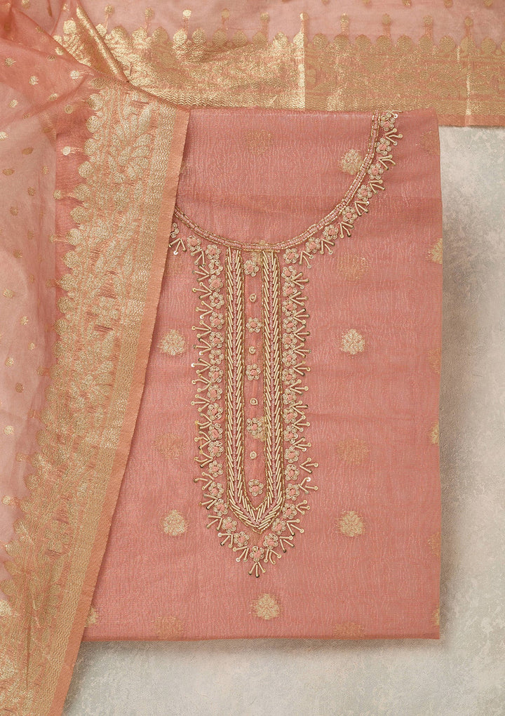 Peach Pearlwork Tissue Unstitched Salwar Suit_koskii