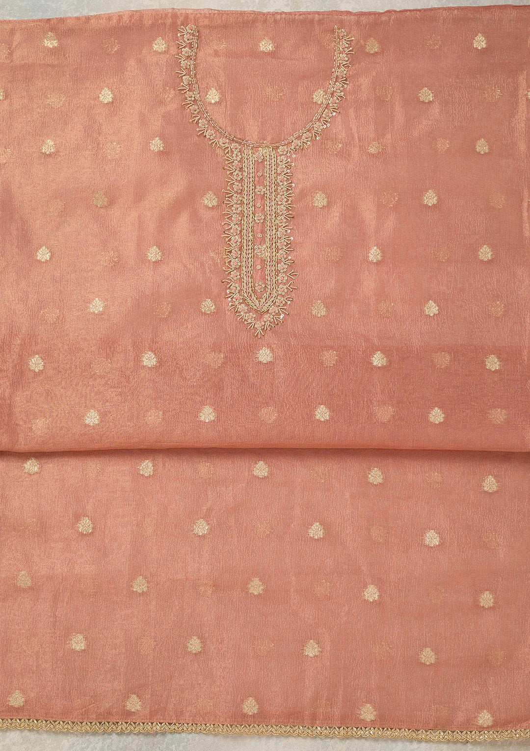 Peach Pearlwork Tissue Unstitched Salwar Suit_koskii