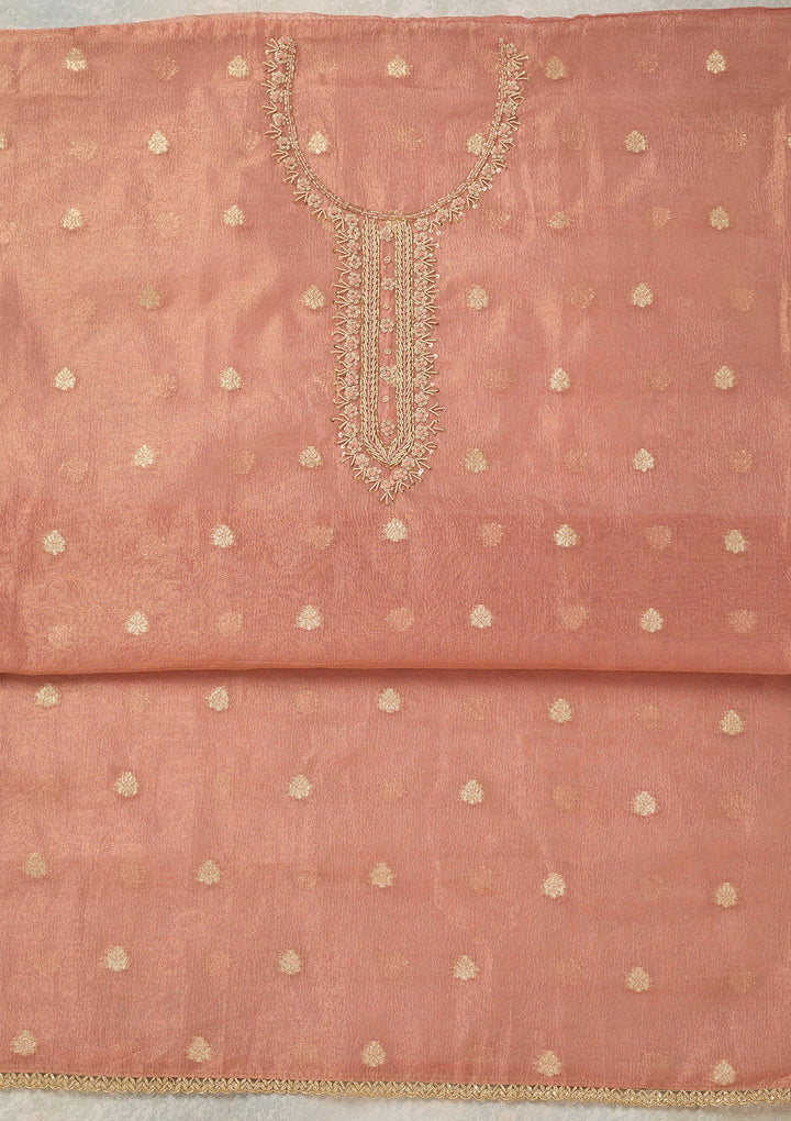 Peach Pearlwork Tissue Unstitched Salwar Suit_koskii