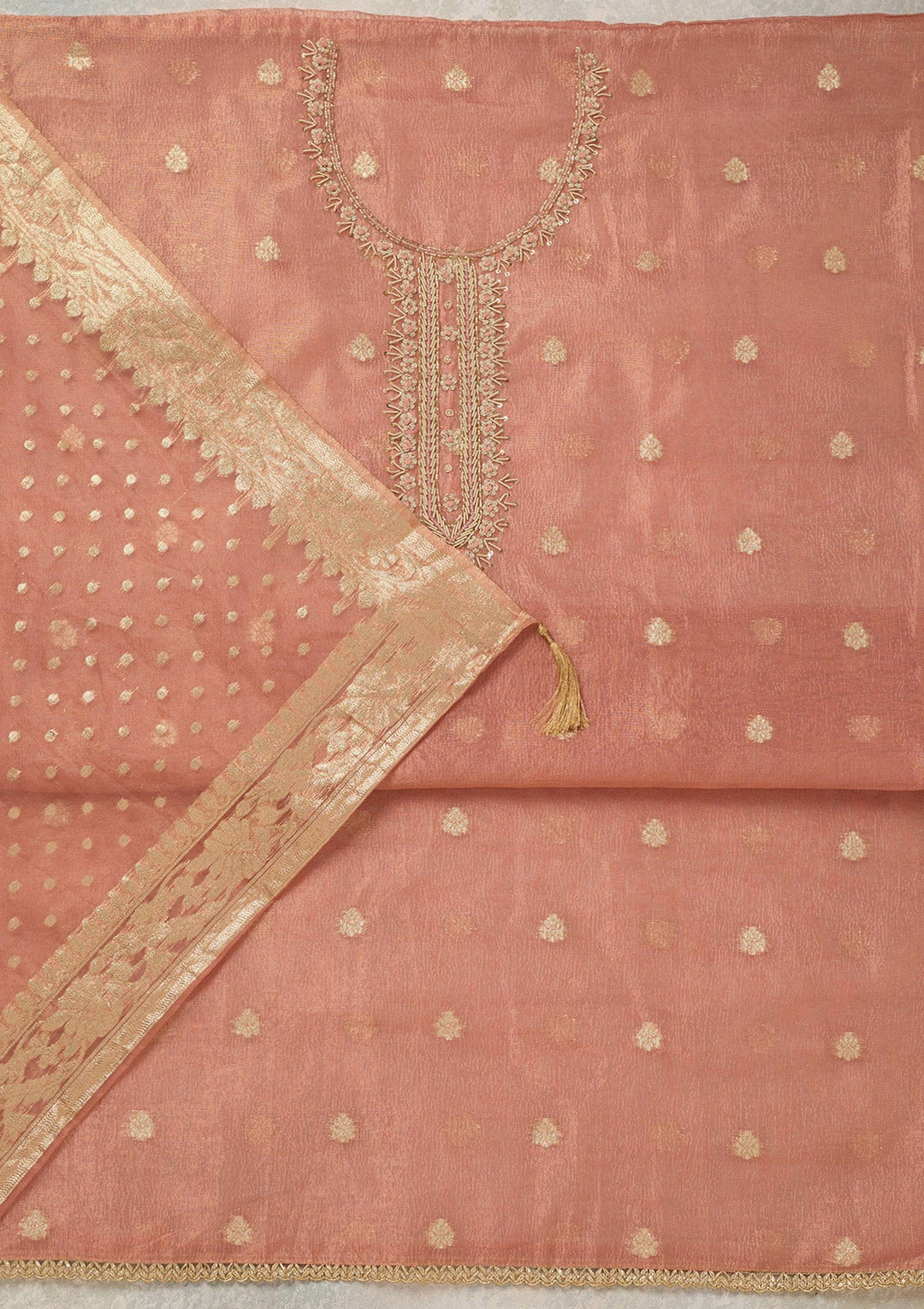 Peach Pearlwork Tissue Unstitched Salwar Suit_koskii