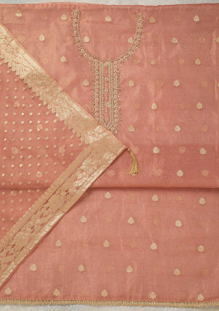 Peach Pearlwork Tissue Unstitched Salwar Suit_koskii