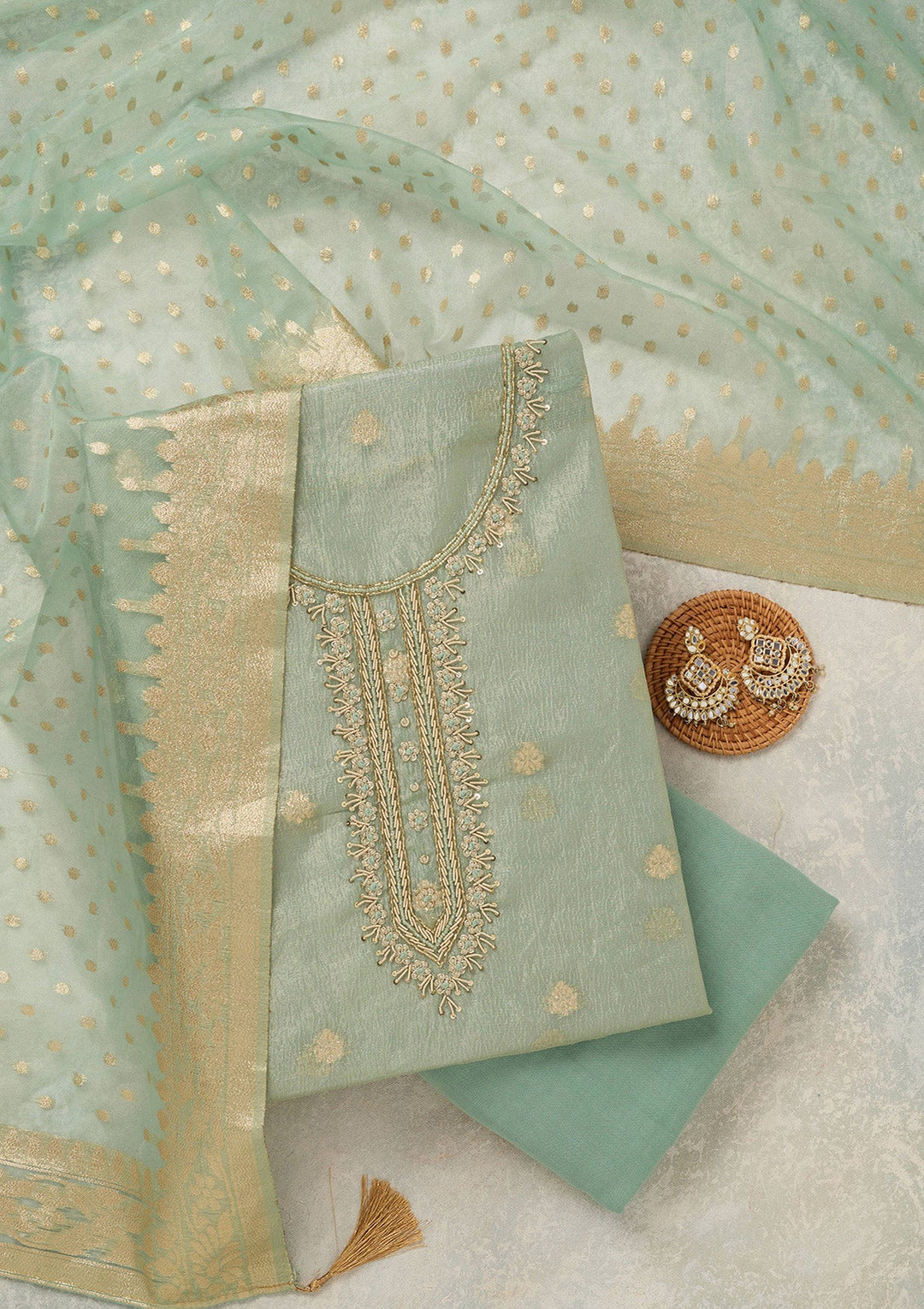 Sea Green Pearlwork Tissue Unstitched Salwar Suit_koskii