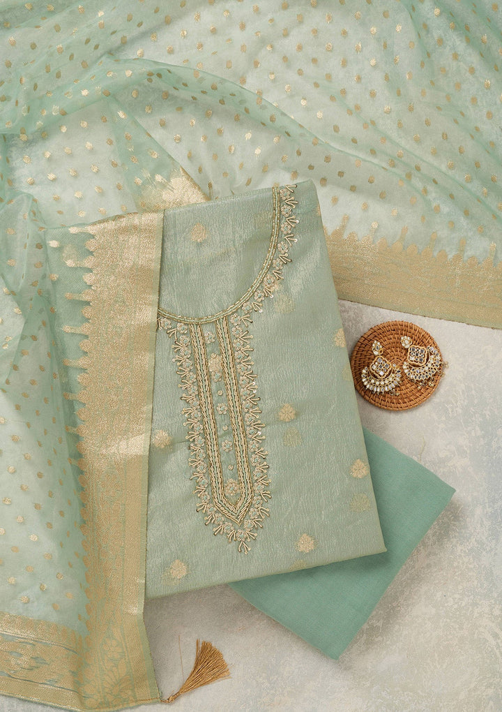 Sea Green Pearlwork Tissue Unstitched Salwar Suit_koskii