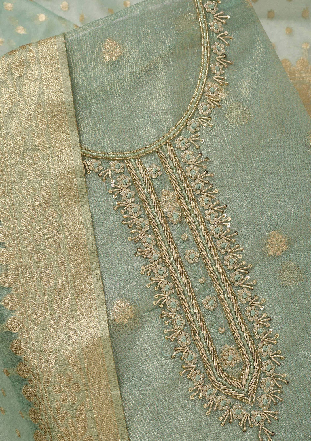 Sea Green Pearlwork Tissue Unstitched Salwar Suit_koskii