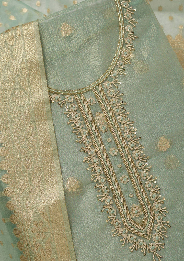 Sea Green Pearlwork Tissue Unstitched Salwar Suit_koskii