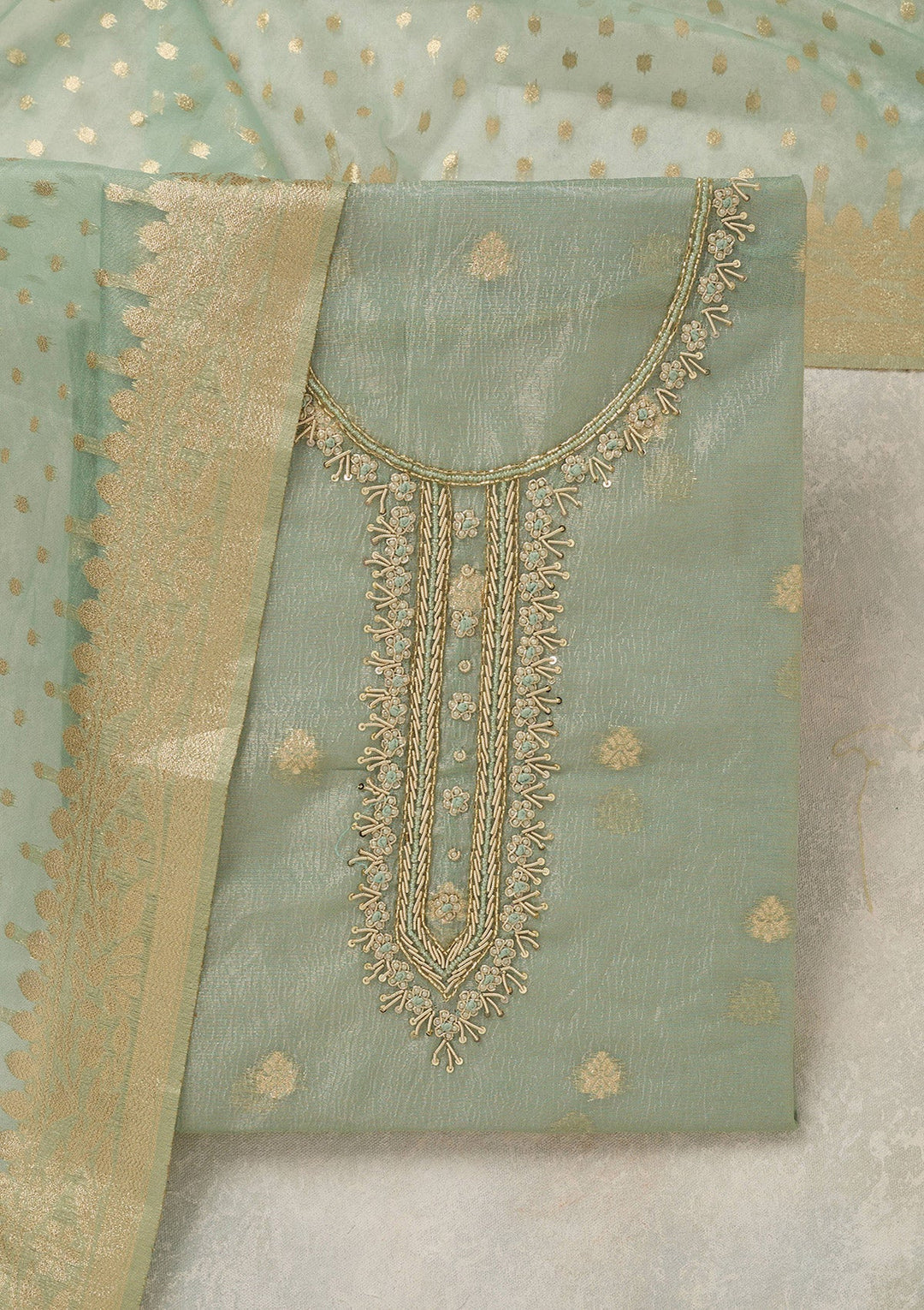 Sea Green Pearlwork Tissue Unstitched Salwar Suit_koskii
