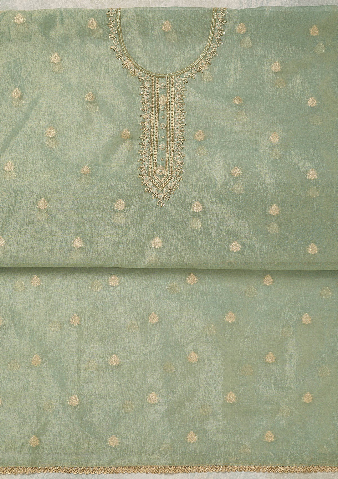 Sea Green Pearlwork Tissue Unstitched Salwar Suit_koskii