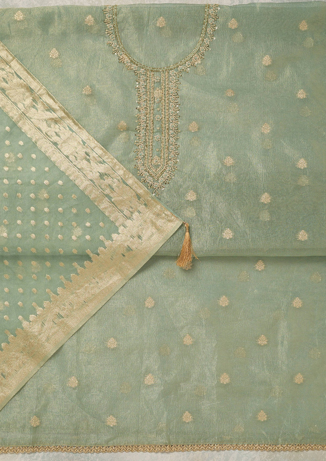 Sea Green Pearlwork Tissue Unstitched Salwar Suit_koskii