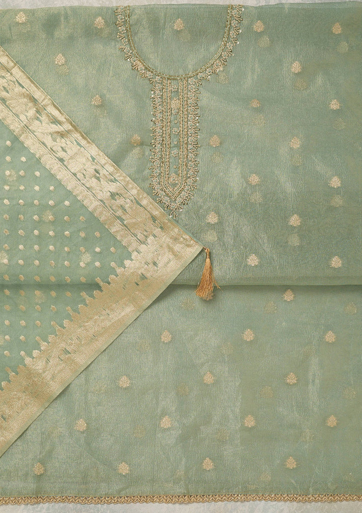 Sea Green Pearlwork Tissue Unstitched Salwar Suit_koskii