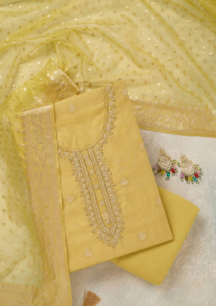 Yellow Pearlwork Tissue Unstitched Salwar Suit_koskii