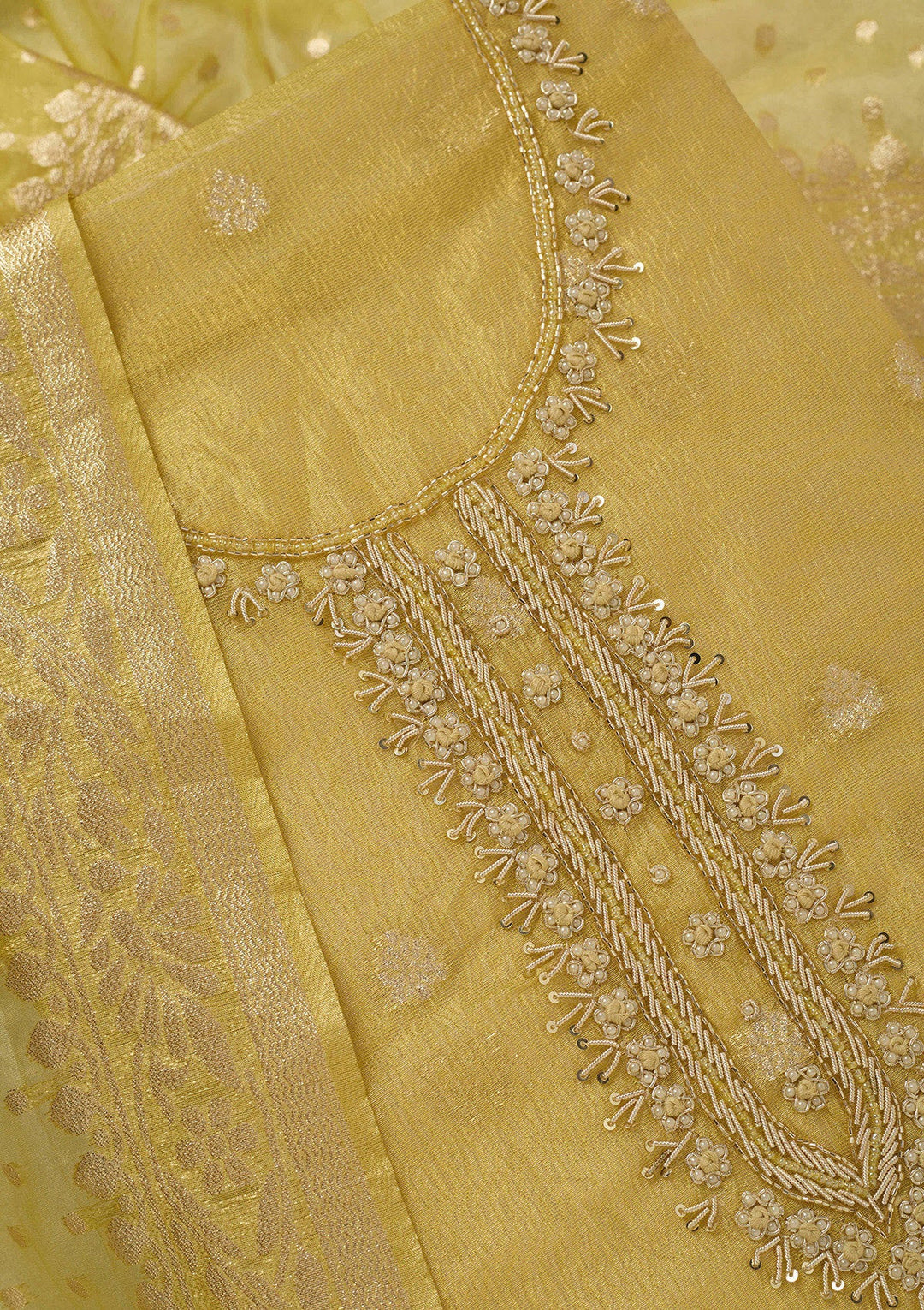 Yellow Pearlwork Tissue Unstitched Salwar Suit_koskii