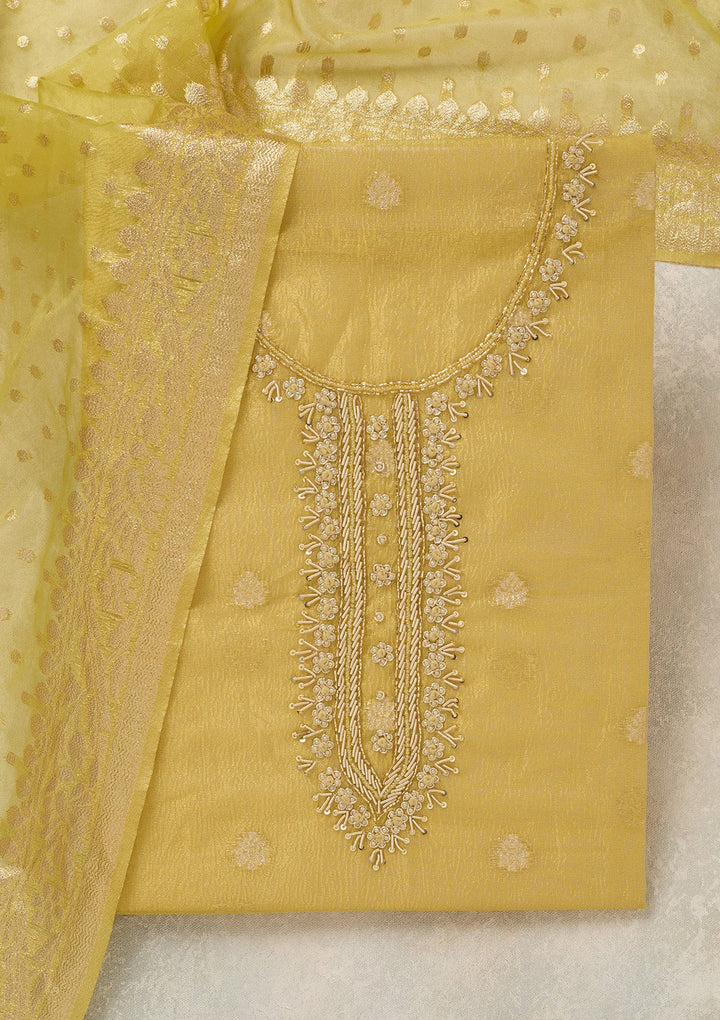 Yellow Pearlwork Tissue Unstitched Salwar Suit_koskii