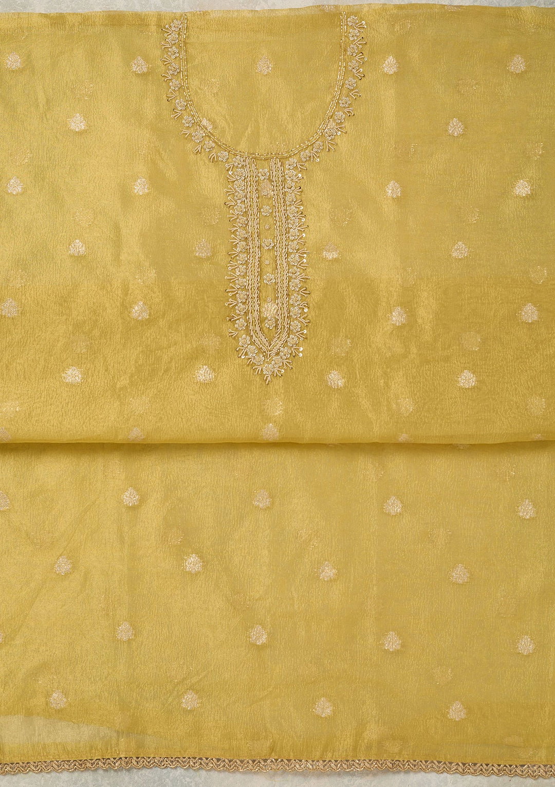 Yellow Pearlwork Tissue Unstitched Salwar Suit_koskii