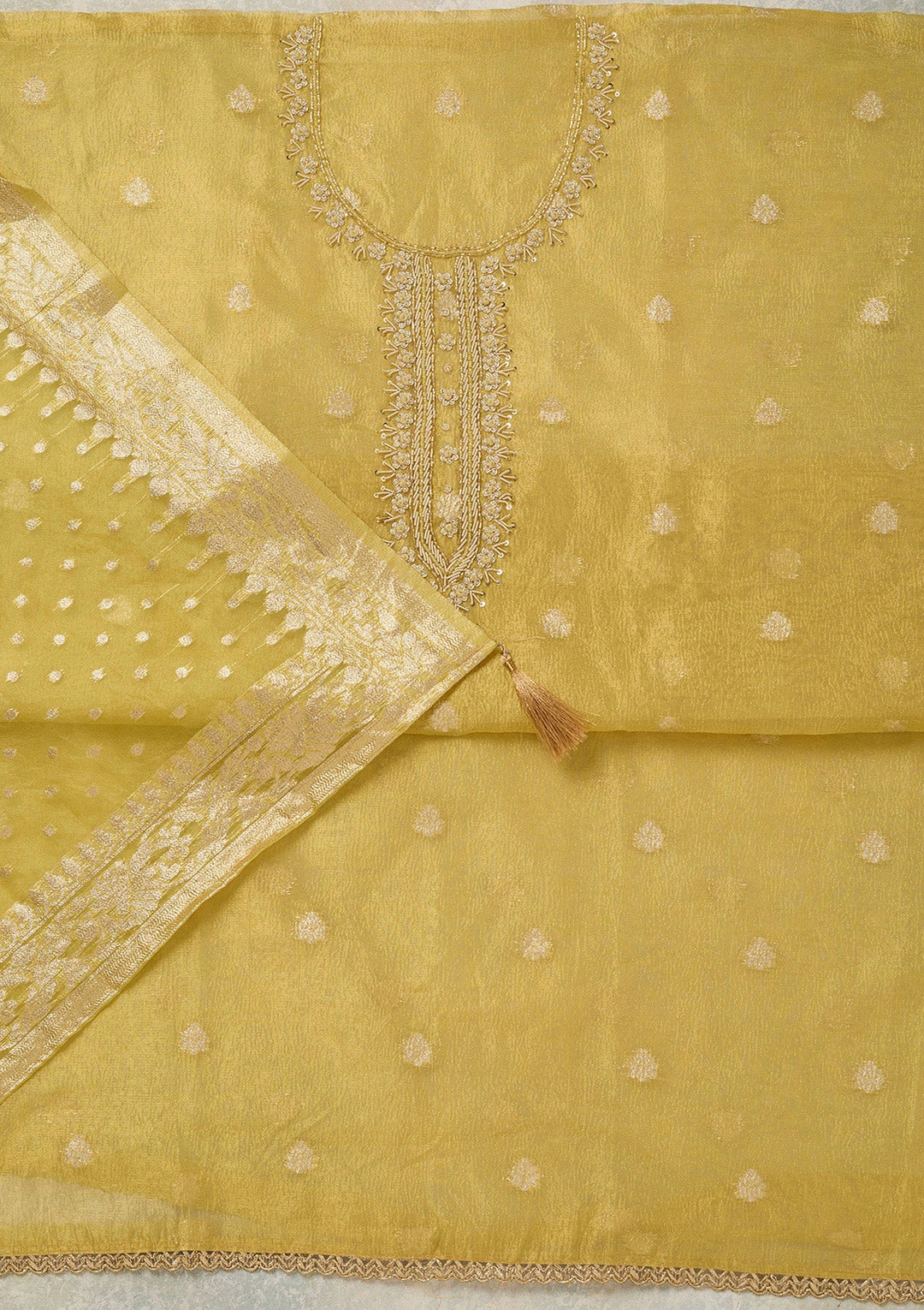 Yellow Pearlwork Tissue Unstitched Salwar Suit_koskii