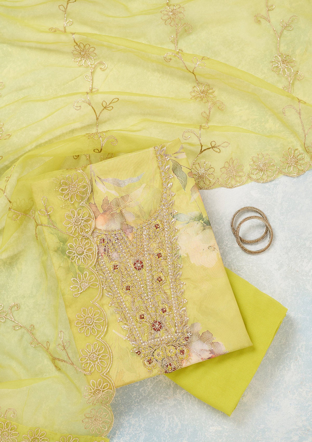 Parrot Green Zariwork (Gold) Organza Unstitched Salwar Suit-koskii