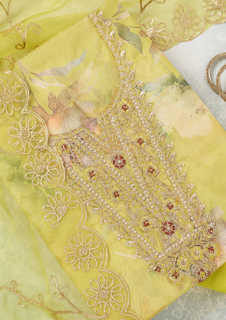 Parrot Green Zariwork (Gold) Organza Unstitched Salwar Suit