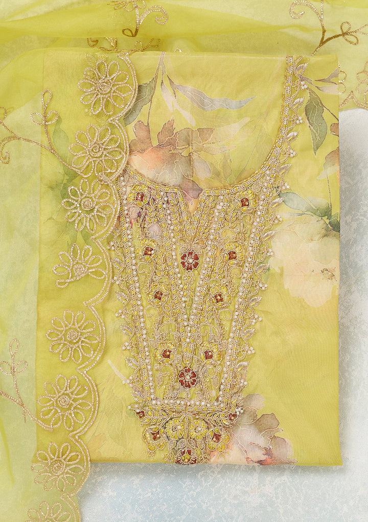 Parrot Green Zariwork (Gold) Organza Unstitched Salwar Suit