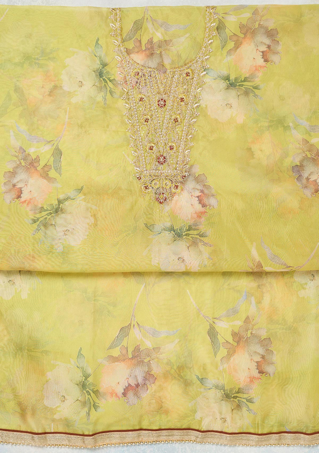 Parrot Green Zariwork (Gold) Organza Unstitched Salwar Suit
