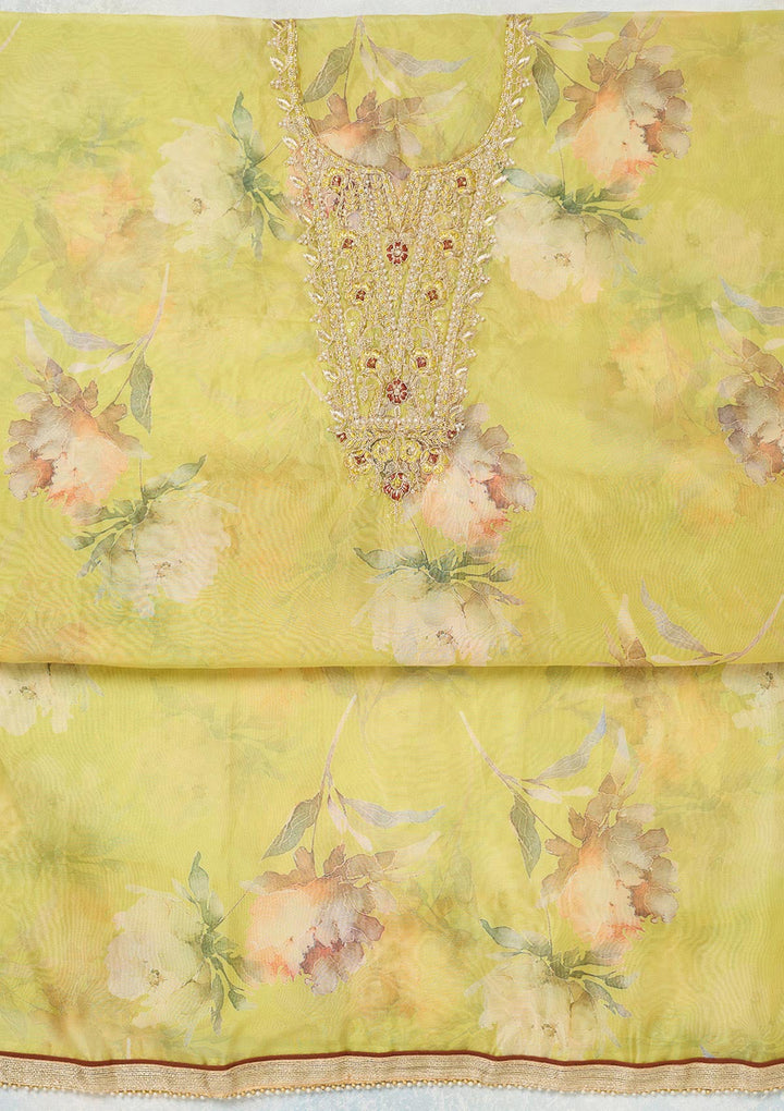 Parrot Green Zariwork (Gold) Organza Unstitched Salwar Suit