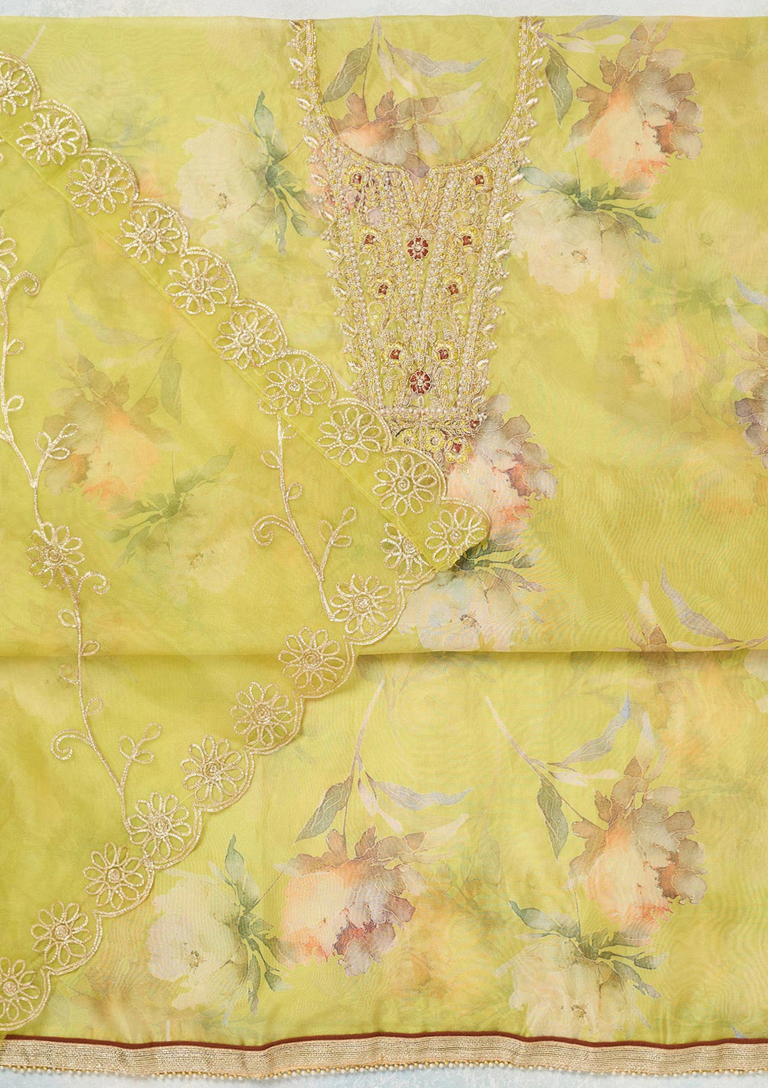 Parrot Green Zariwork (Gold) Organza Unstitched Salwar Suit