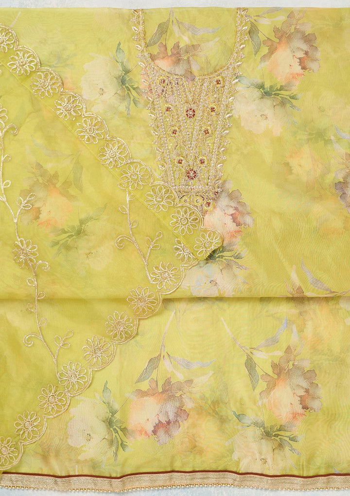 Parrot Green Zariwork (Gold) Organza Unstitched Salwar Suit