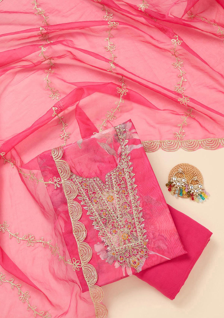 Rani Pink Zariwork (Gold) Organza Unstitched Salwar Suit-koskii