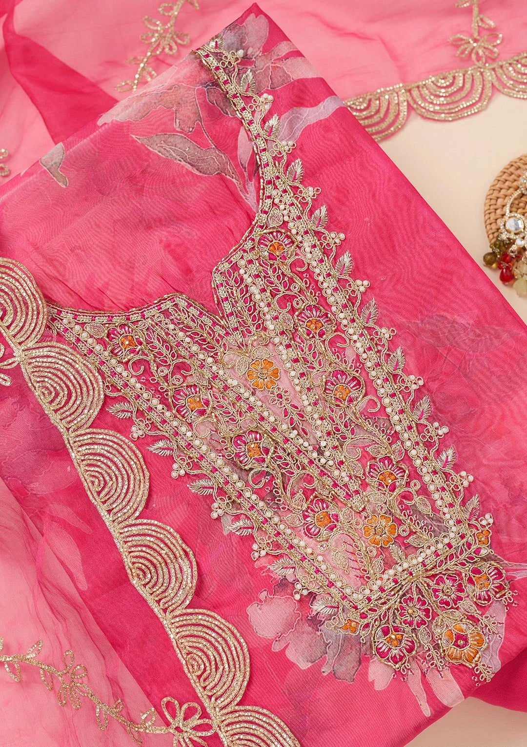 Rani Pink Zariwork (Gold) Organza Unstitched Salwar Suit