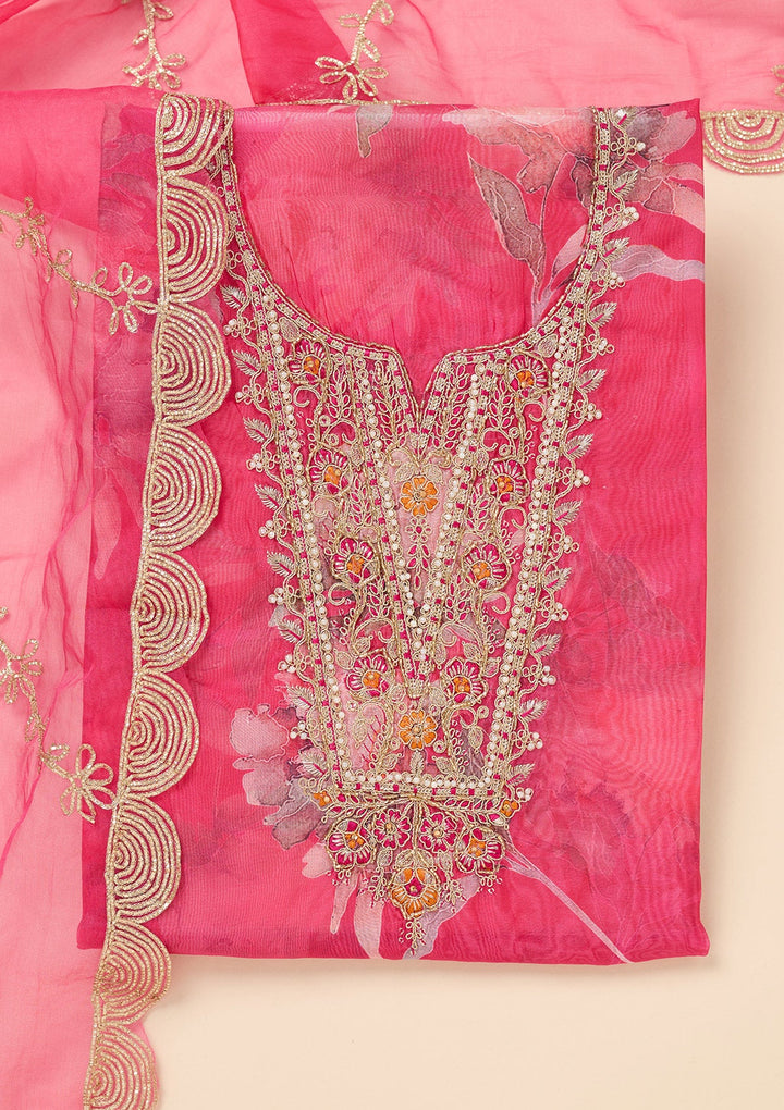 Rani Pink Zariwork (Gold) Organza Unstitched Salwar Suit