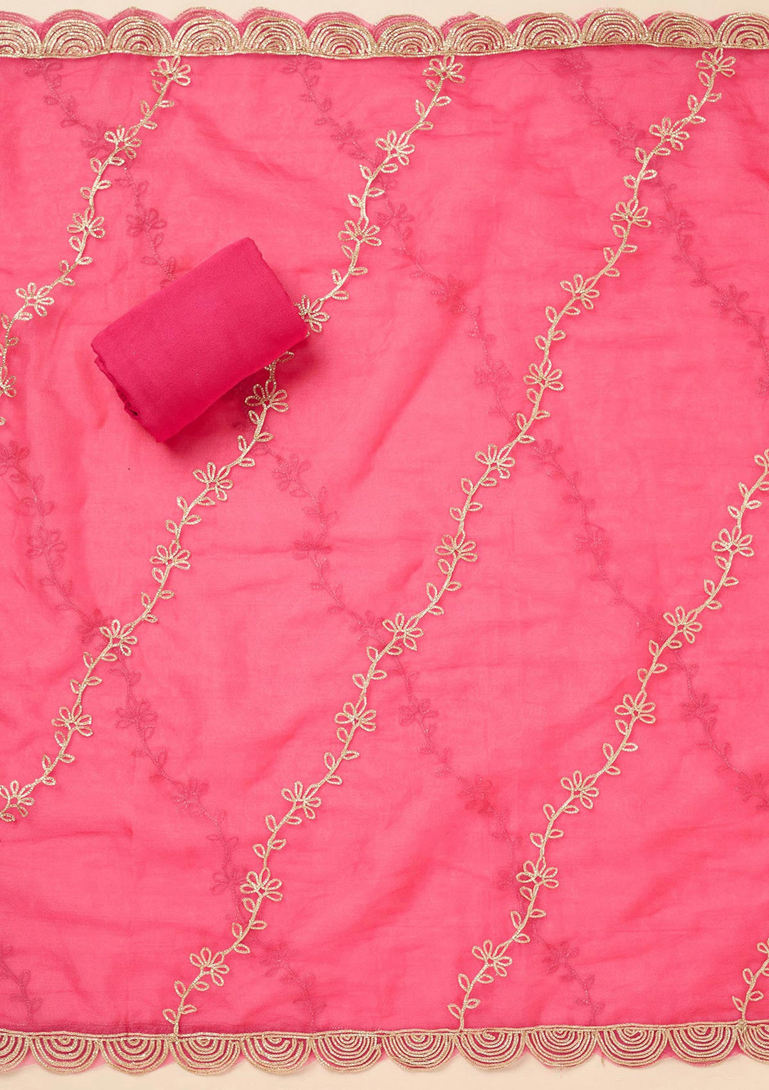 Rani Pink Zariwork (Gold) Organza Unstitched Salwar Suit