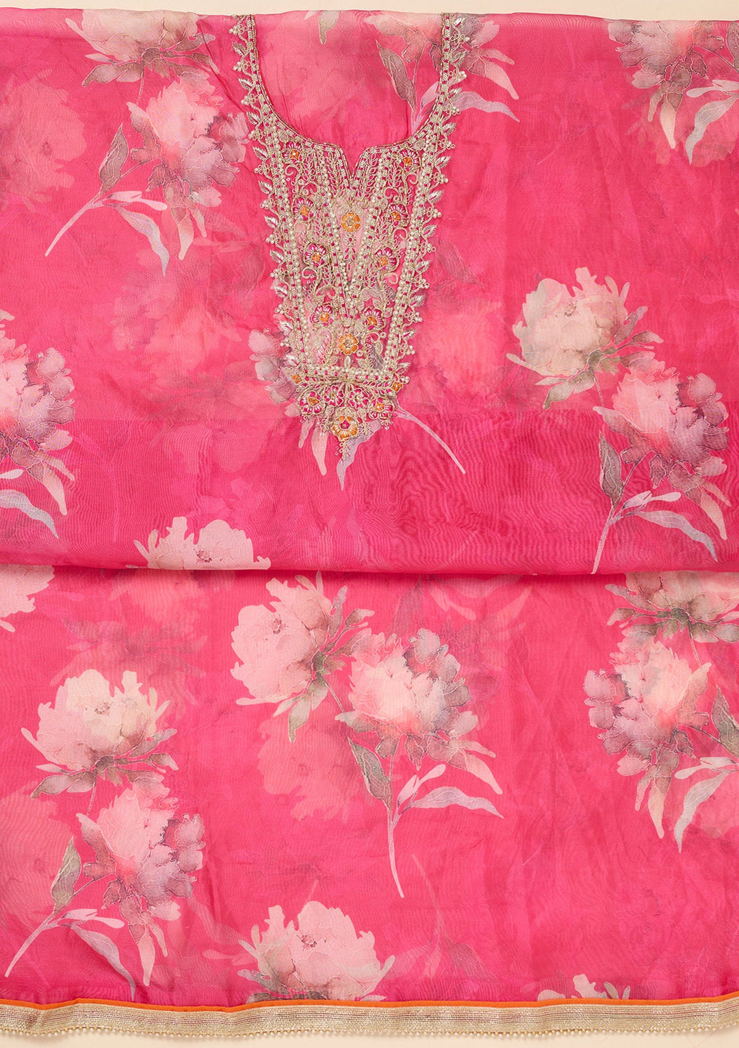 Rani Pink Zariwork (Gold) Organza Unstitched Salwar Suit