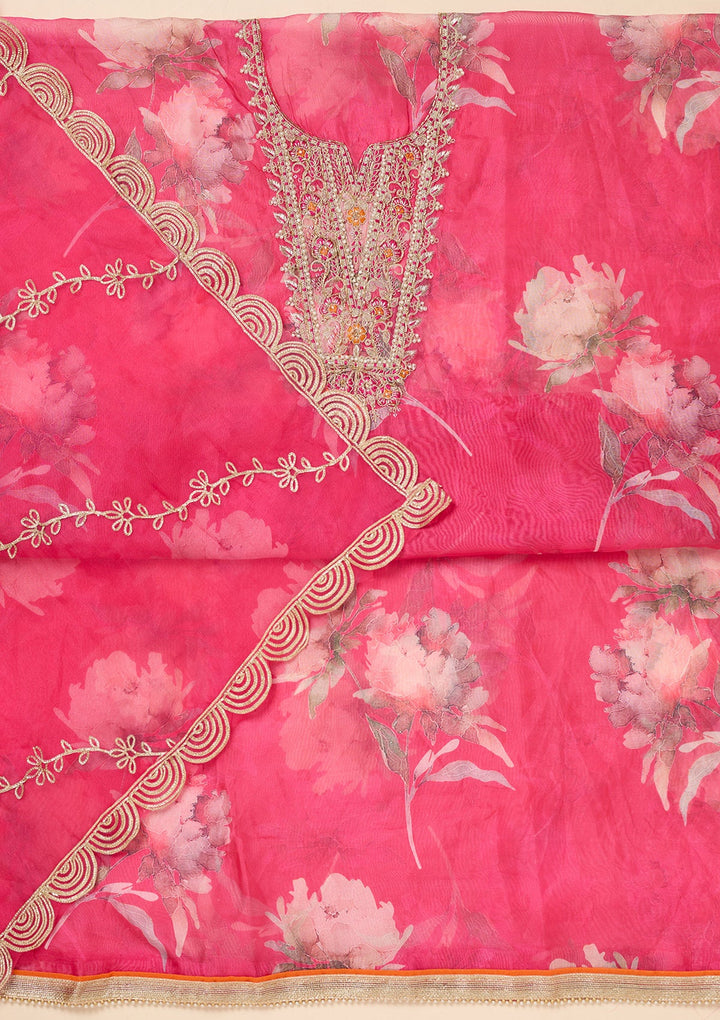 Rani Pink Zariwork (Gold) Organza Unstitched Salwar Suit