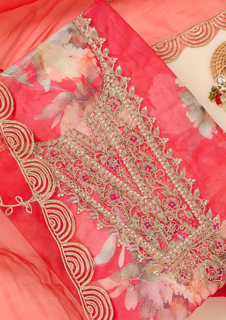 Red Zariwork (Gold) Organza Unstitched Salwar Suit