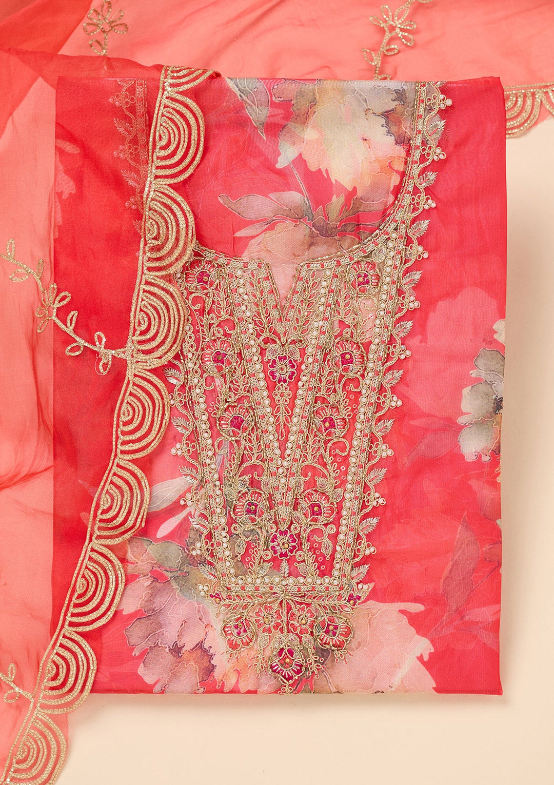 Red Zariwork (Gold) Organza Unstitched Salwar Suit