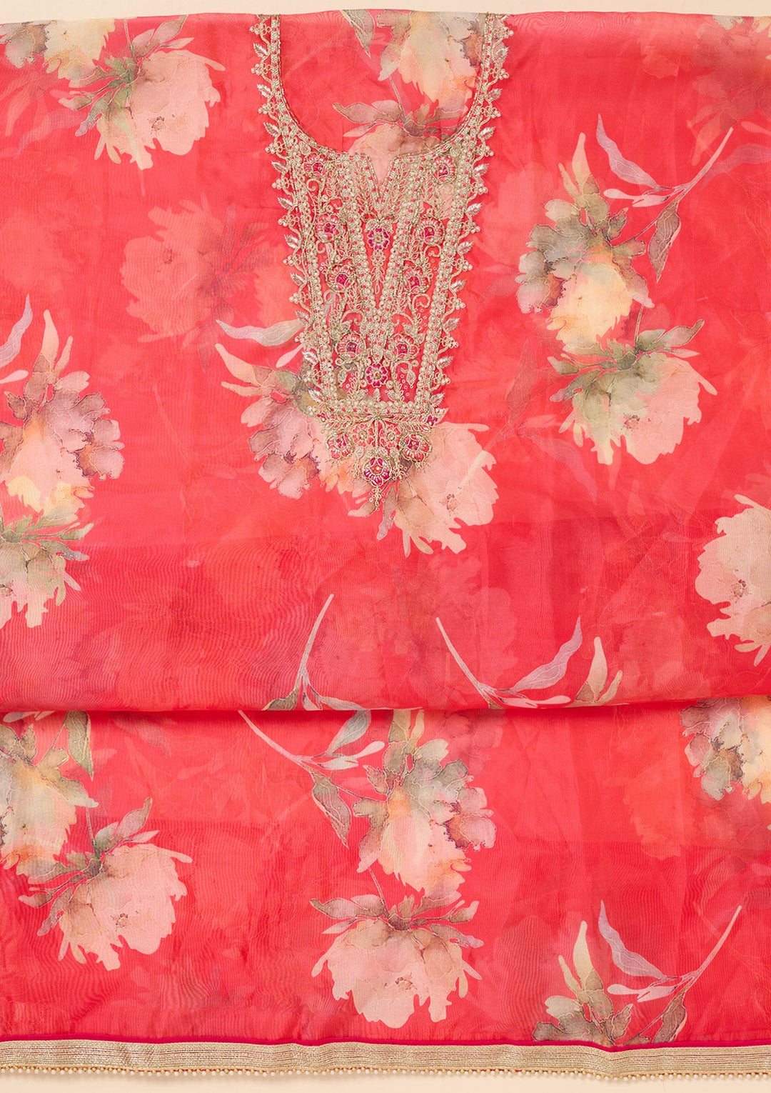 Red Zariwork (Gold) Organza Unstitched Salwar Suit