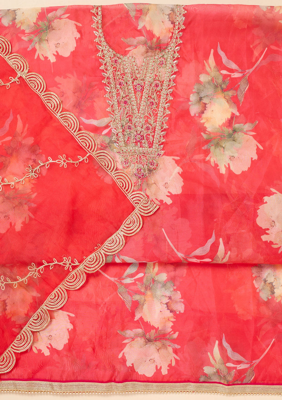 Red Zariwork (Gold) Organza Unstitched Salwar Suit